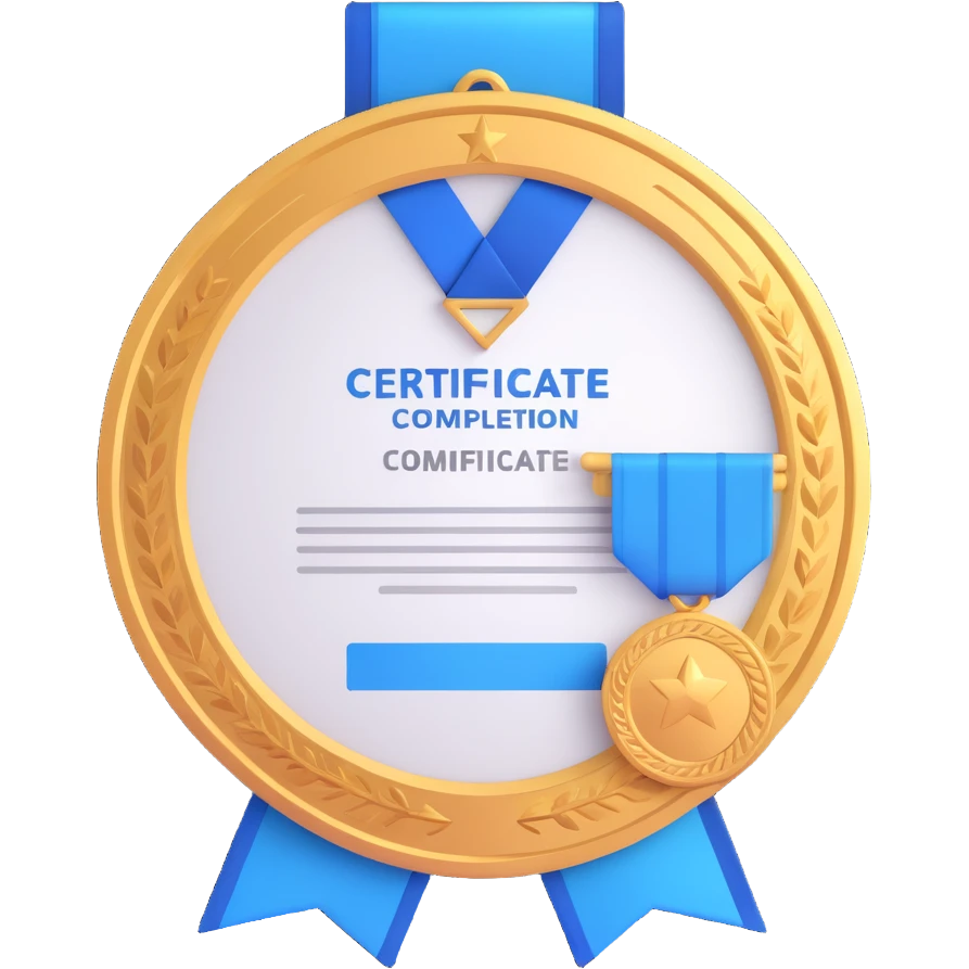 certificate of completion with a blue medal sticker, elegant border, iPhone style 3D emoji emoji