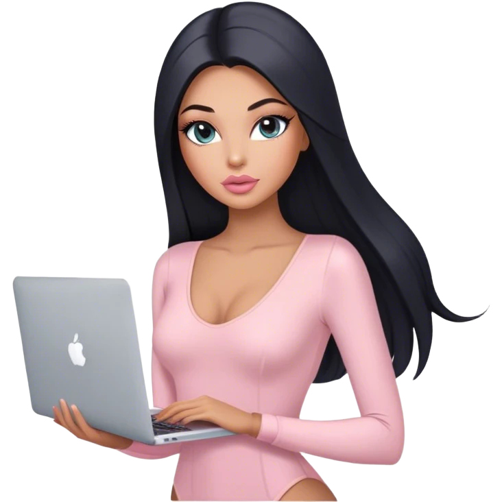 Glamours, tanned, very beautiful girl, with big pump peach-beige-rose lips, long lashes, black straight smooth silky long hair, straight parting hair, blue-grey eyes, in light-pink bodysuit holding MacBook emoji