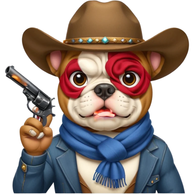 A bulldog wearing a cowboy hat, covering his mouth with a scarf so he wouldn't be recognized, pointing a revolver at you, telling you to hand over your money. emoji