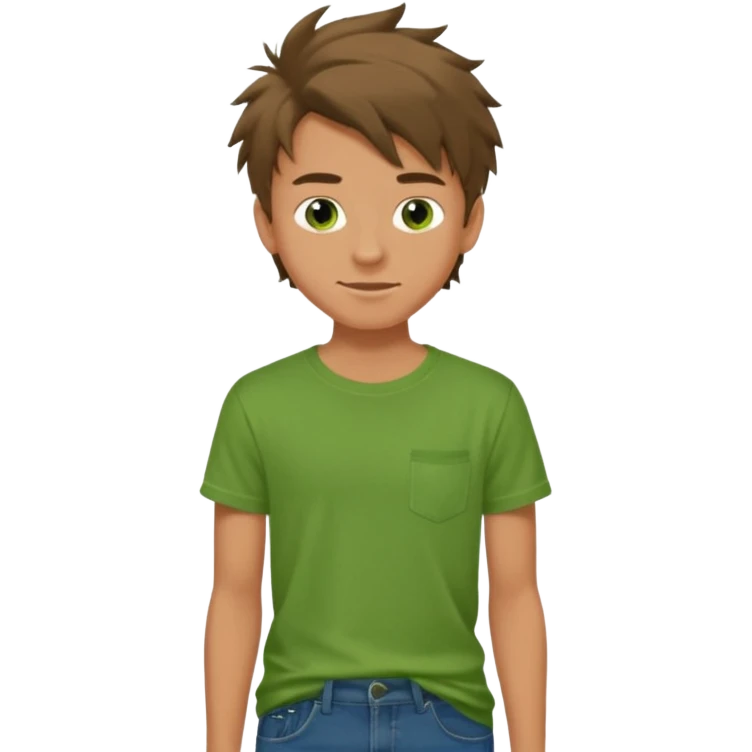 A 14 yerar old teenage boy, slightly tanned, wearing a green tshirt (no shirt pocket), blue jeans and green sneakers with brown tousled hair, smirking emoji