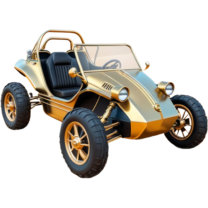 American southWest tarnished neon underglow C-3PO bounty hunter 1964 delicately ornate rosegold wood accents painted dune buggy buckboard powered by electric motors and batteries with racing safety and belts flying rapidly roughening terrain stable on strong agile advanced suspension and steering emoji