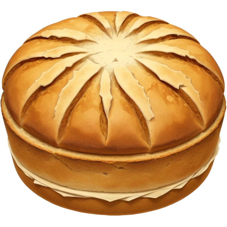 round rustic sourdough with cracked crust. emoji