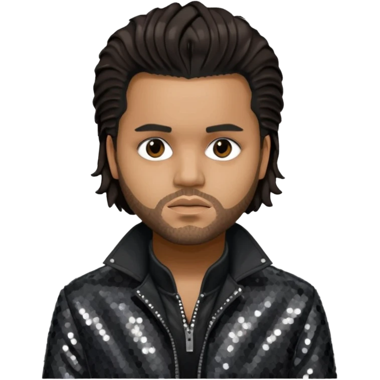 The Weeknd with long dark brown hair, dark gray sequin outfit  emoji