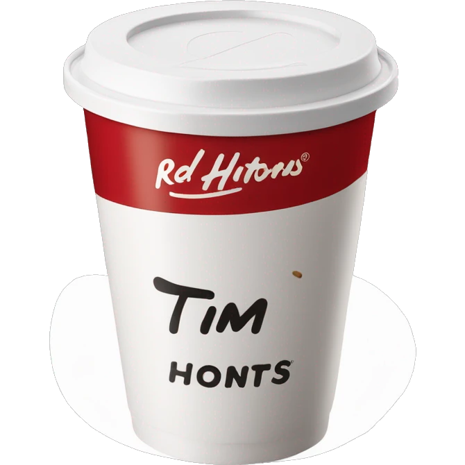 “Red Tim Hortons coffee cup with large white ‘Tim Hortons’ logo in script, black plastic lid, and a simple, clean design.” emoji