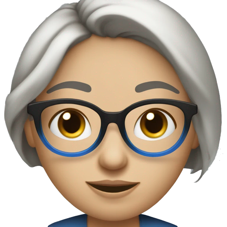 mujer de piel blanca con lentes,ojitos chinos,de color negro,pelo oscuro y recogido con una coleta,con blusa azul, emoji
