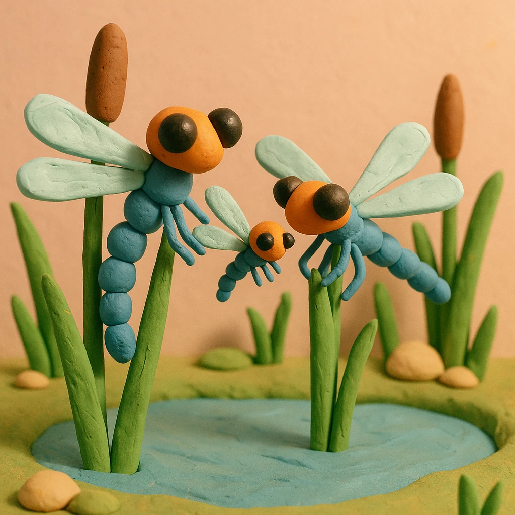 claymation style dragonfly family resting on reeds by a pond, parents and baby dragonflies, pastel background emoji