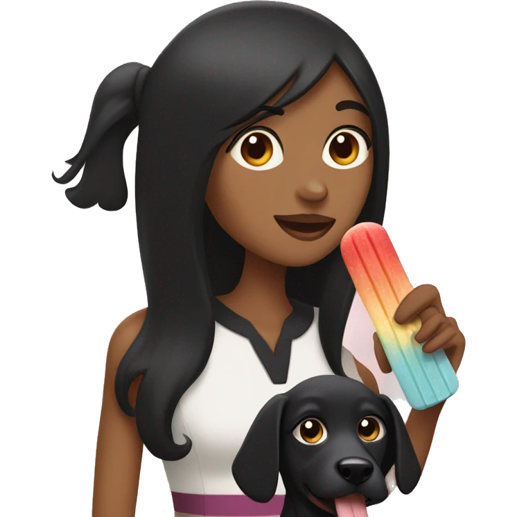A woman with long straight black hair, brown eyes, holding a black dog and a ice popsicle in the other hand  emoji