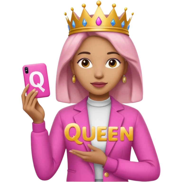 Crear una reina morena clara con ropa rosa sosteniendo la palabra Queen en sus manos emoji