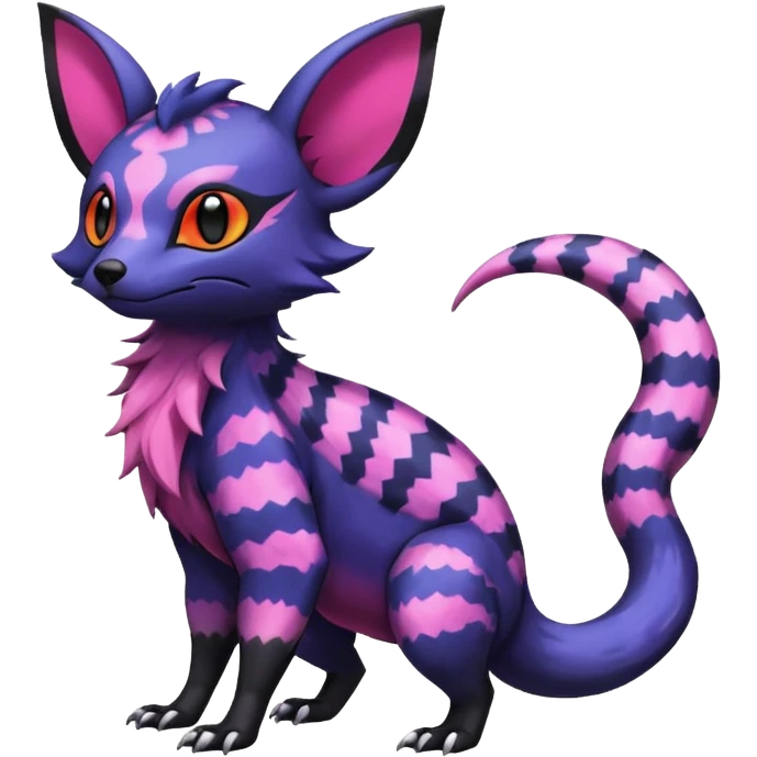 Rare epic aesthetic colorful Salandit-Noibat-Eevee-Civet-species-Fakemon-hybrid-creature, with markings, full body emoji