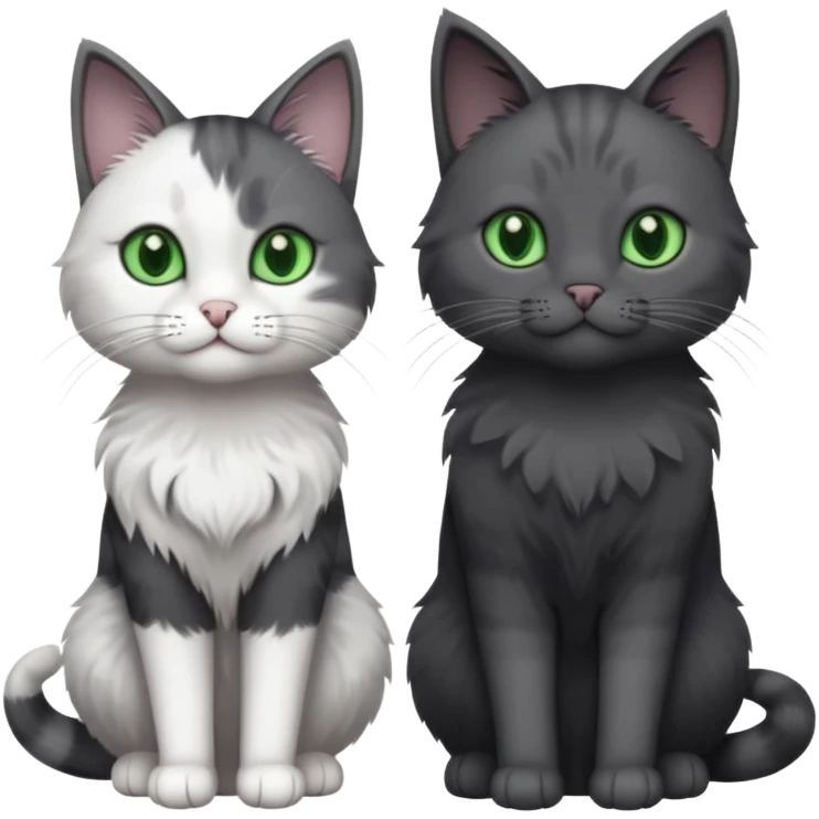 one dark grey and white cat and one completely solid dark grey cat with green eyes and only white paws emoji