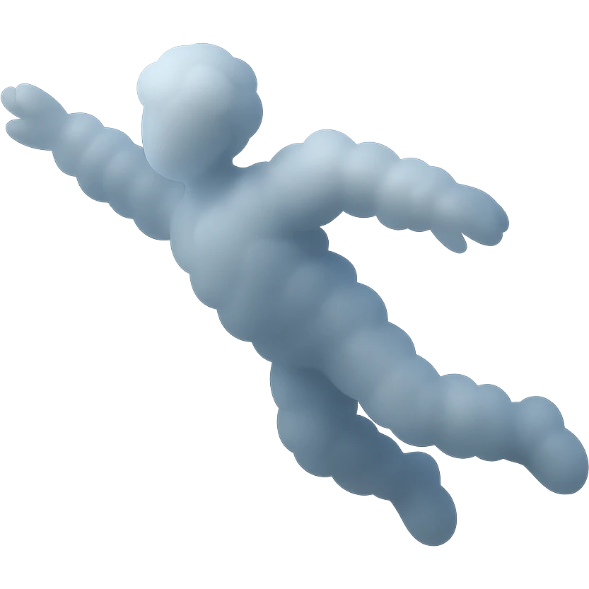person in flight composed of small white fluffy clouds, matte glass style, no background, minimalist emoji