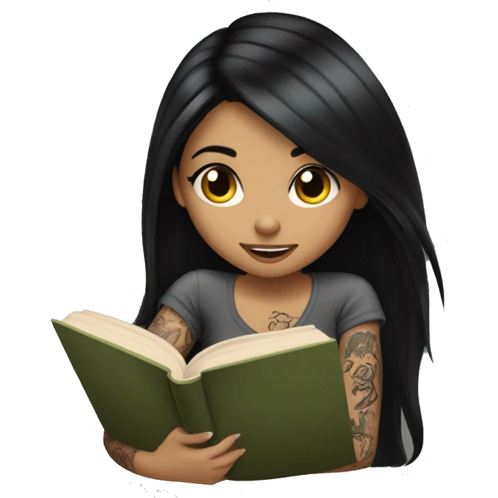 Girl with long black hair and tattoos reading a book wearing black  emoji