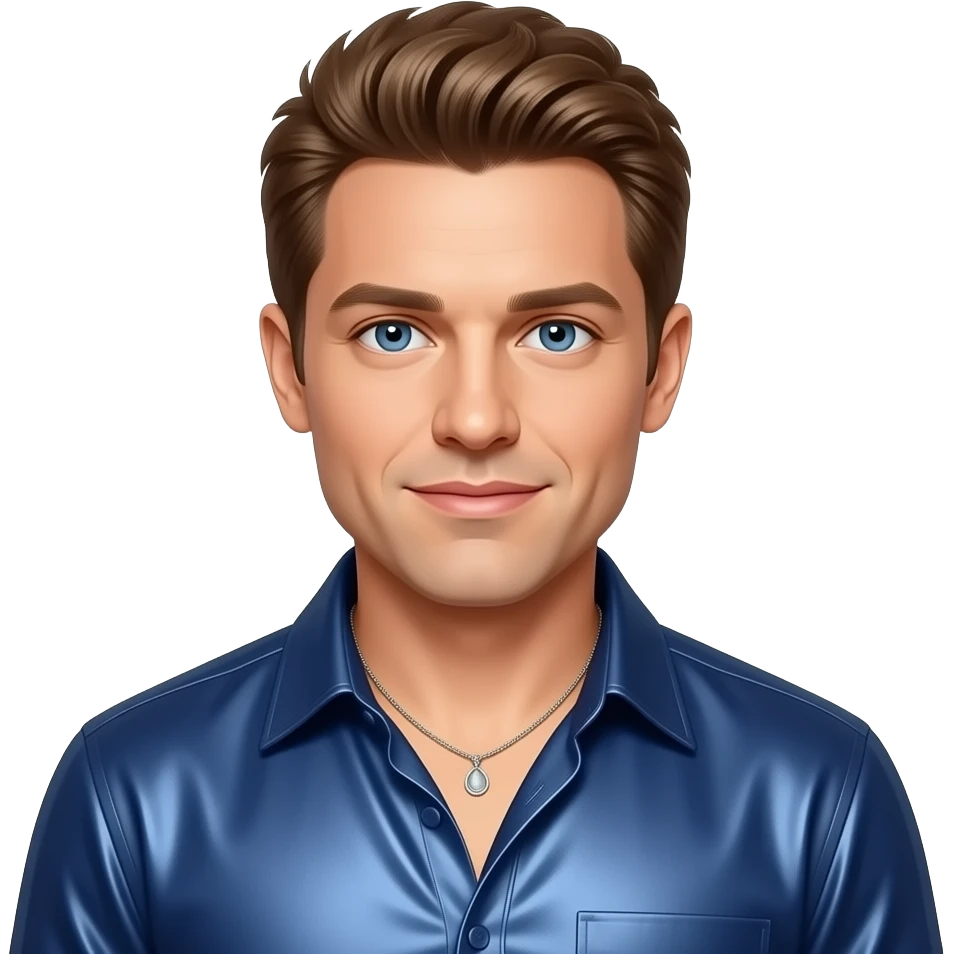 Joey McIntyre from NKOTB with blue eyes, light brown hair, indigo metallic shirt, necklace emoji