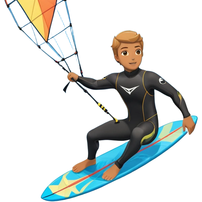 An athlete in a wetsuit riding a kiteboard, soaring over the sea waves with the kite high in the sky. The background features a vibrant blue sky and crashing ocean waves, capturing the thrill and freedom of kitesurfing in dynamic motion. emoji
