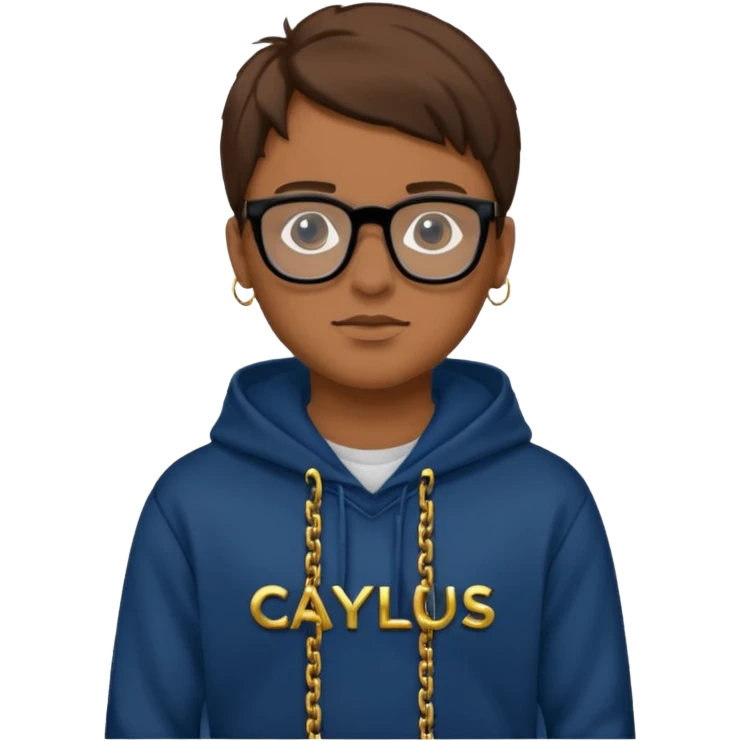 Brown hair with black glasses and the lends of glasses are black and a dark blue hoodie that says caylus kingdom with black pants and a gold chain emoji