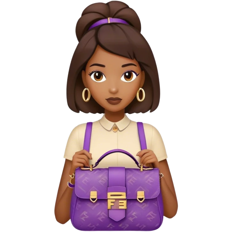 Beautiful black woman wearing a brown monogram fendi outfit and carrying a purple fendi baguette bag. I want the image to start at her head and end at the waist emoji