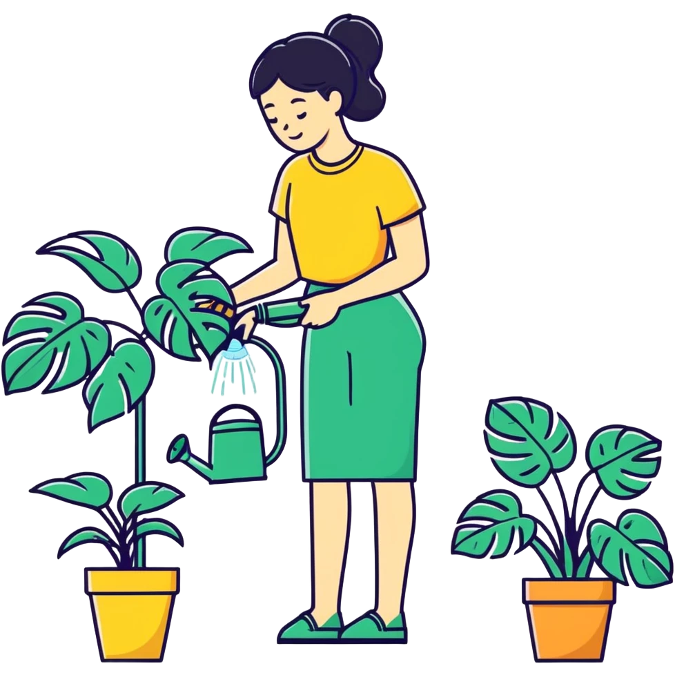 woman watering her monstera plant emoji