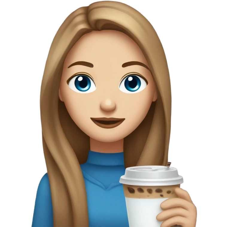 Beautiful woman, straight long light brown hair, blue eyes, cozy holding an iced coffee emoji