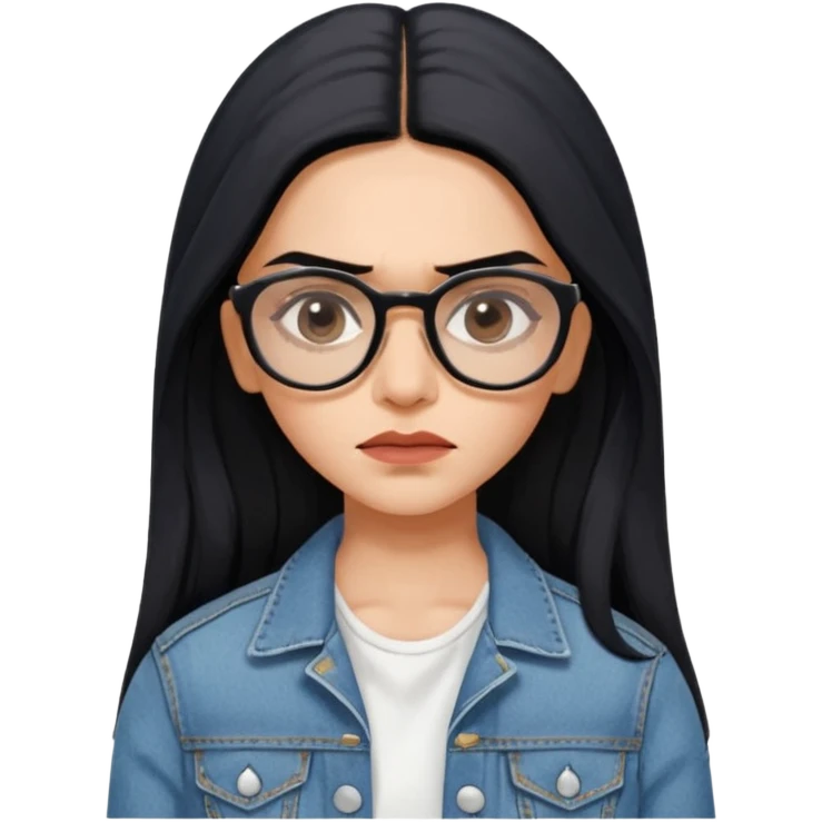 generate a pretty bratz emoji 
Make her wear a white dress with a denim jacket over it.long  black hair side part 

She should look exactly  like Deepika padukone! wearing tiny rectangular spectacle, looking sad emoji