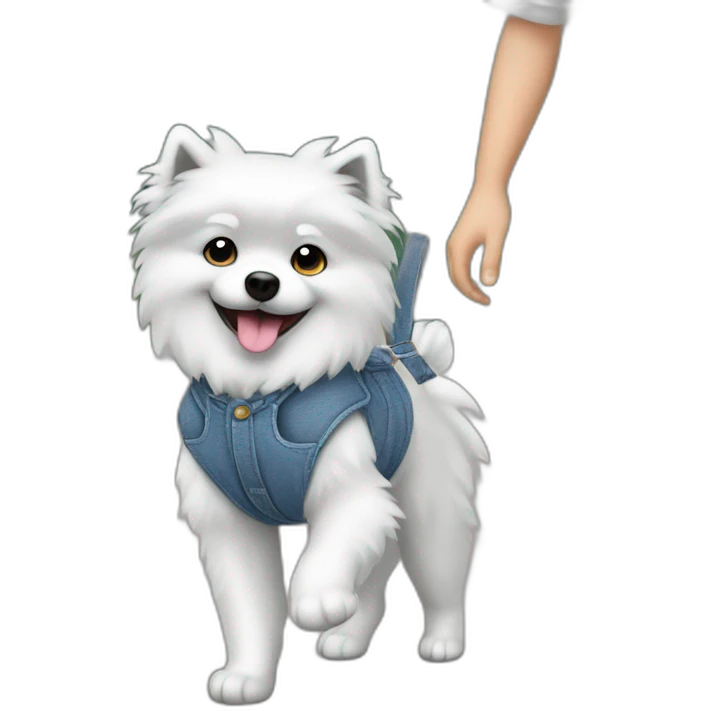 Gray small spitz in overalls walking in emoji