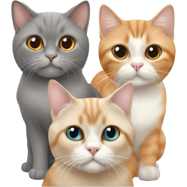 three cats: an orange shorthair, a grey persian cat and a siamese  emoji