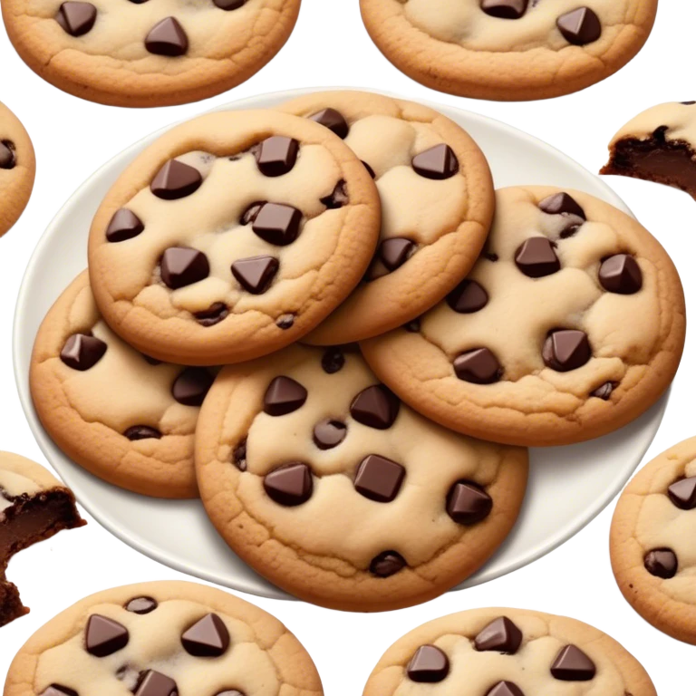 Cinematic Realistic Cookies Dessert Emoji, showcasing a plate of freshly baked cookies with gooey chocolate chips rendered with lifelike textures and warm, homey lighting. emoji