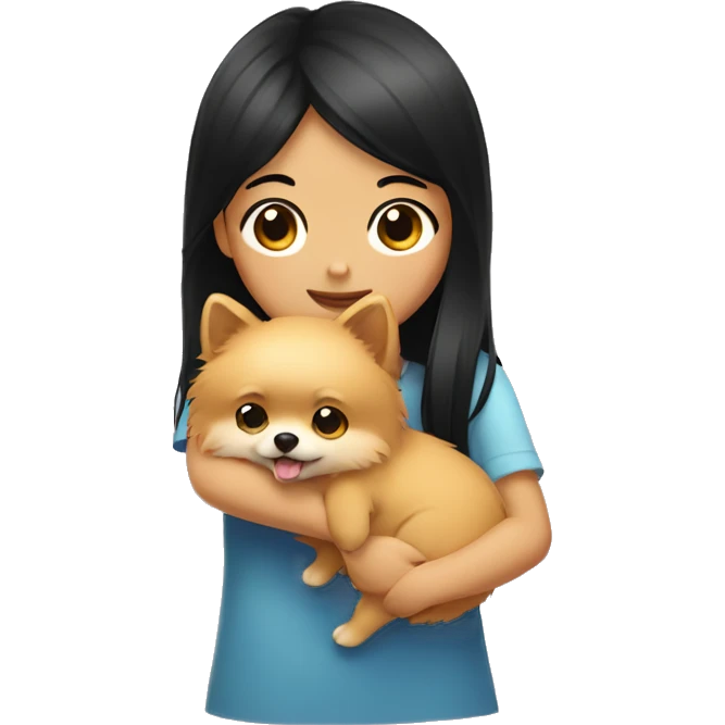 Girl hugging pomeranian. The girl has black hair. emoji