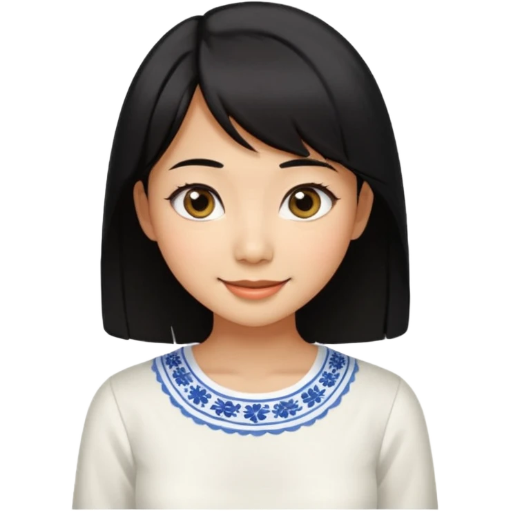 30 yr old asian woman center parted hair big eyes big smile tanned skin straight black hair hippie part hair white blouse shoulder length hair middle parted hair few short bangs at front emoji