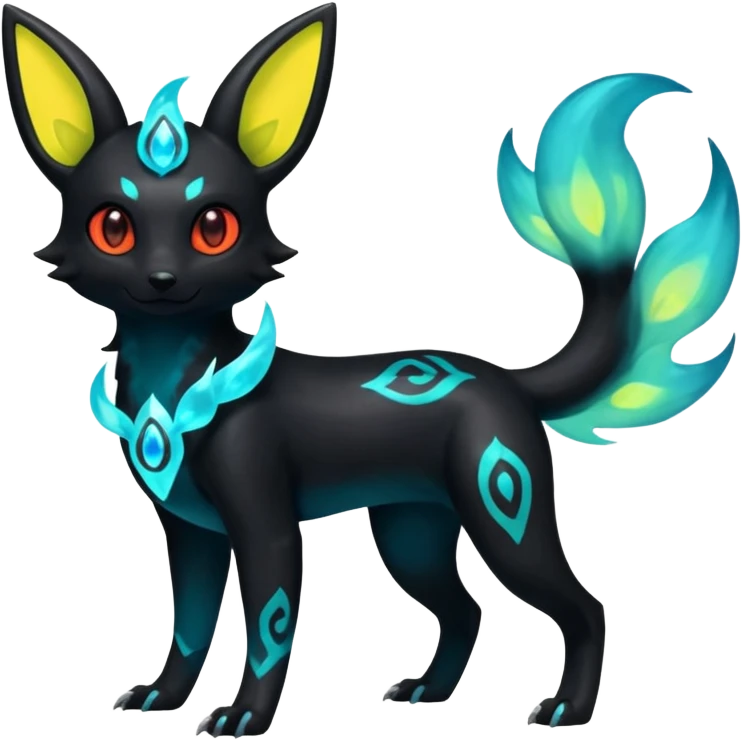Shiny Fiery Ethereal Eldritch Cool Edgy Badass Punky Aural Iridescent Fluorescent Bioluminescent Umbreon-Amaura-Salandit-Litten-Flareon-Fakémon-fusion (full body)  emoji