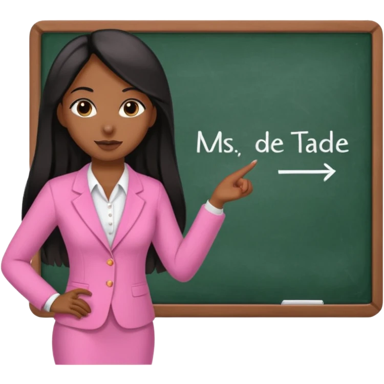 a brown skin teacher with hair with black straight long hair wearing pink not hot pink 2 piece set teaching up on a board the board says Ms. jade emoji