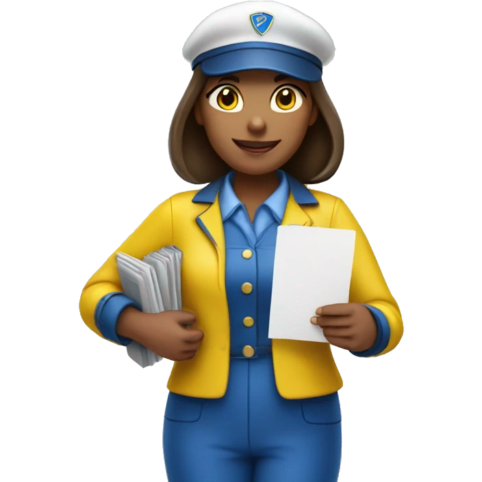 close shot of a postwoman wearing a yellow and blue uniform, holding letters in her hand emoji