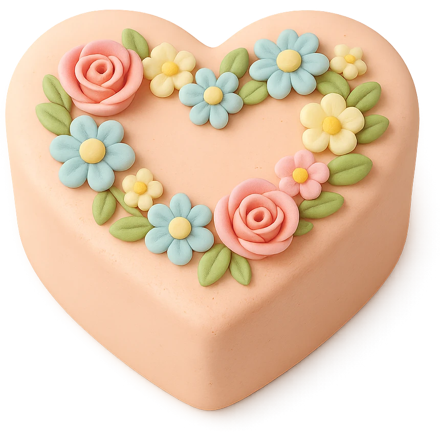 heart-shaped fondant cake with floral wreath, transparent background emoji