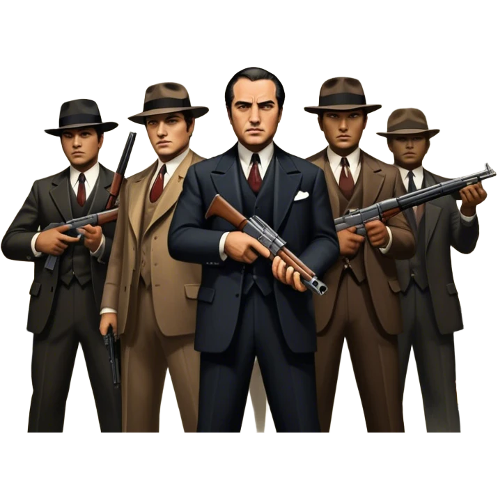 Vintage noir poster with Don Corleone surrounded by gangsters holding Thompson submachine guns. Background features New York skyscrapers, adding to the gritty, classic gangster film feel.  Dark and moody atmosphere with shadows, suits, and a mysterious vibe. Transparent background. emoji