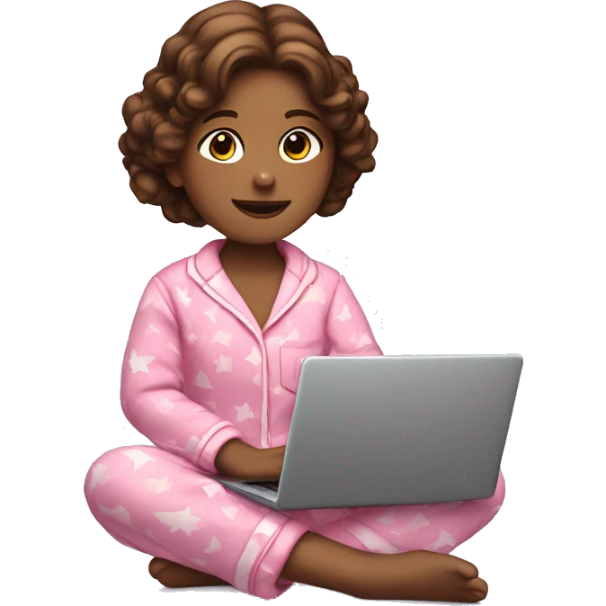 A girl with brown hair in pink plush pajamas is sitting with a laptop in her hands emoji