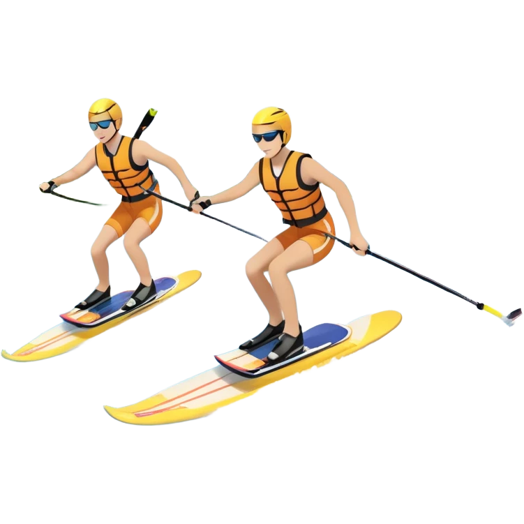 A humanless icon showing a pair of water skis skimming across the surface of a lake, with a skier in motion. The design includes a wake behind the skier, splashing water, and the sun reflecting on the water. Transparent background highlights the speed and thrill of water skiing. emoji