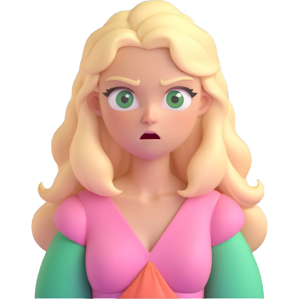 a 3d IOS realistic style emoji of a blonde with long hair and swamp eyes in a pink pastel dress angry emoji