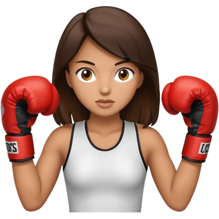 An woman with long dark brown hair light brown eyes in boxing gloves emoji