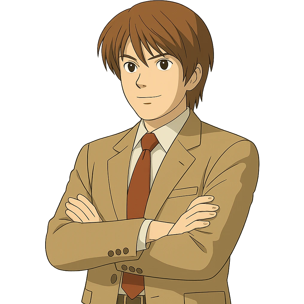 Create an exact Light Yagami in Ghibli style, standing with arms crossed, wearing the same suit, and showing the same confident expression. Match the face, hair, and suit details exactly to the reference image. Transparent background. emoji