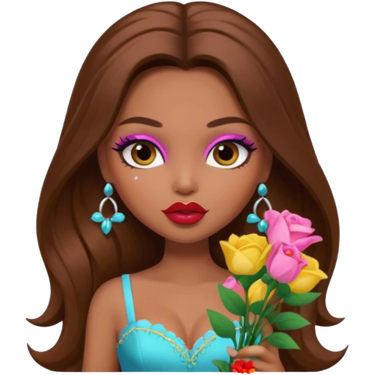pretty bratz baddie, long brown hair holding flowers emoji