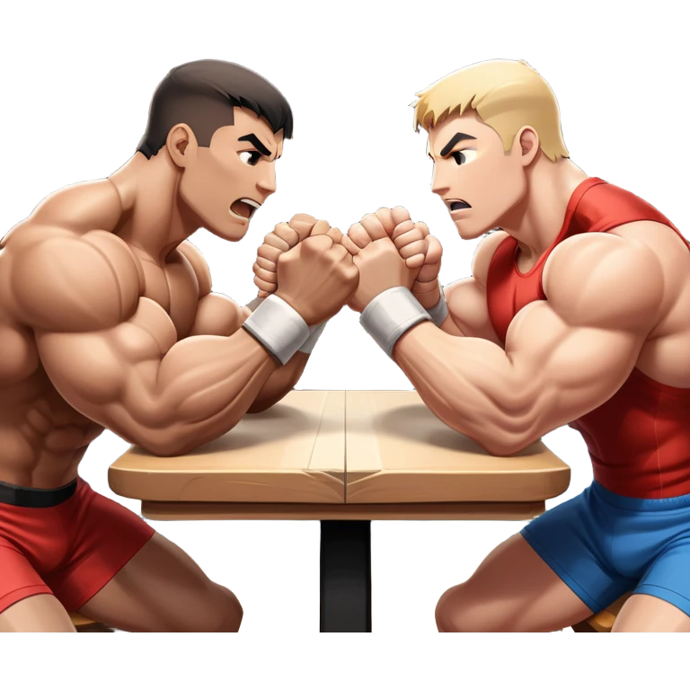 Two strong competitors locked in an intense arm wrestling match, muscles tensed as they battle for victory. The table is well-lit, showcasing their focused expressions and powerful arm grips. The background features a competitive arena with a cheering crowd. Transparent background. emoji