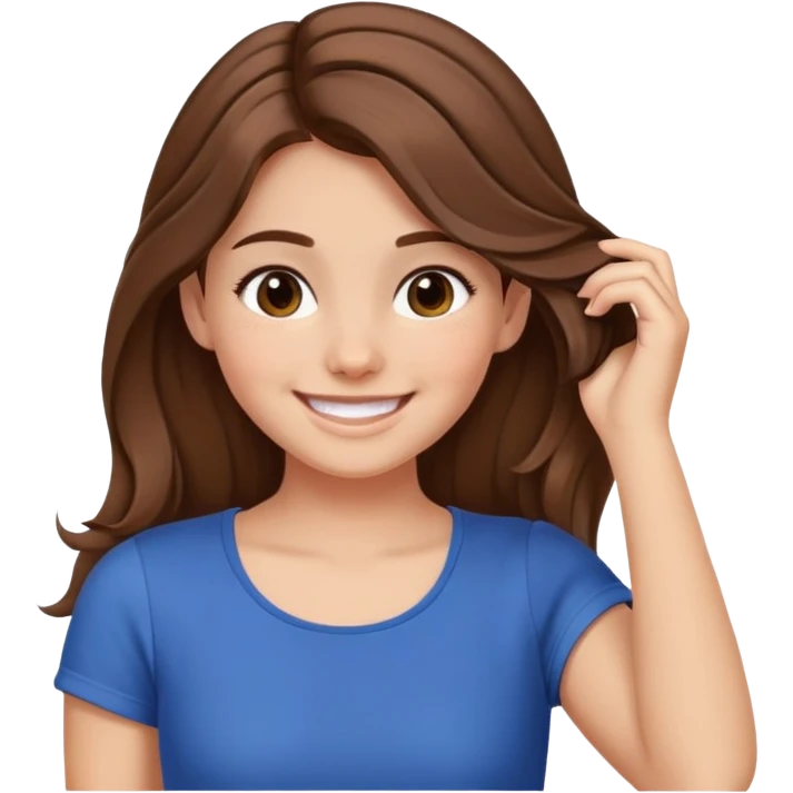 Smiling girl with brown hair and dimples with her hand on her hair and a big chest emoji