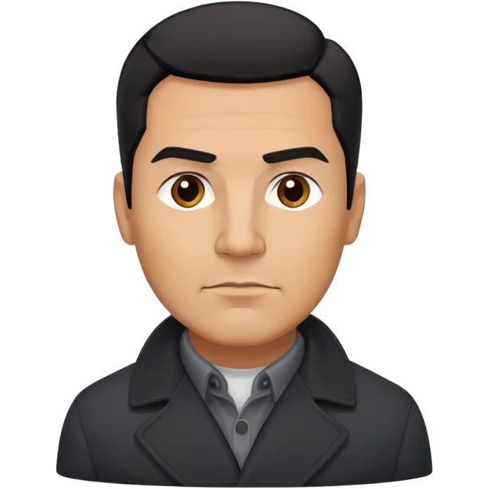 Strong built middle-aged Hispanic man with tan complexion, short black straight hair combed back with faded sides, square masculine face with defined jawline, wearing black coat and gray button-up shirt tucked in emoji