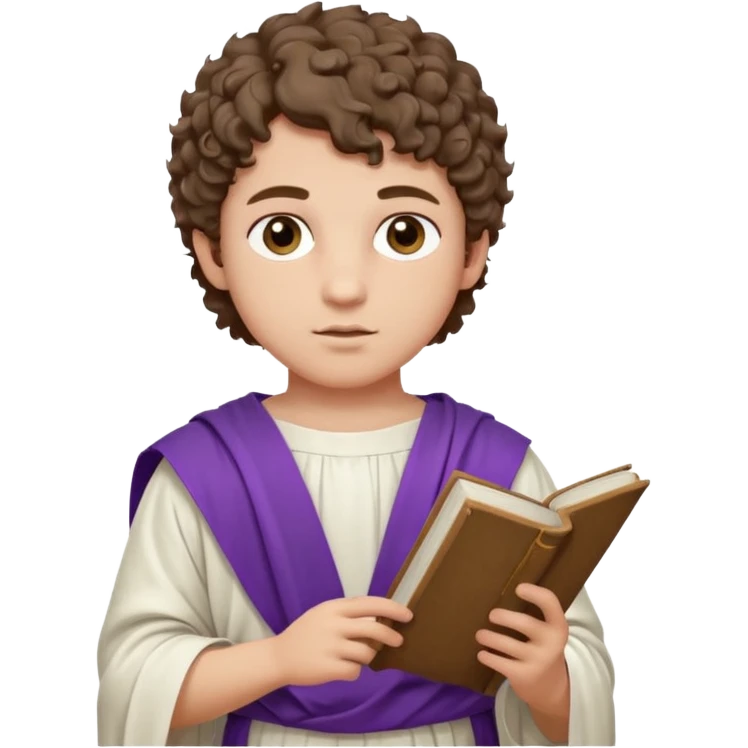 An emoji portrait of a young Roman patrician. He wears a white toga with a purple border. He has short curly hair and a dignified expression, holding a small scroll. emoji