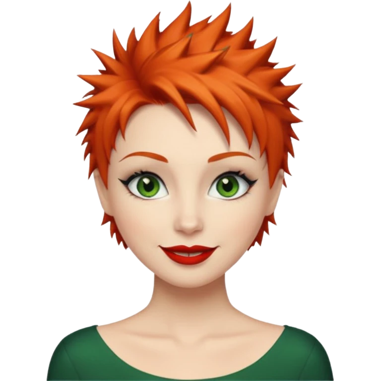Short spikey Ginger hair, green eyes, black long eye lashes large red lips White woman happy emoji