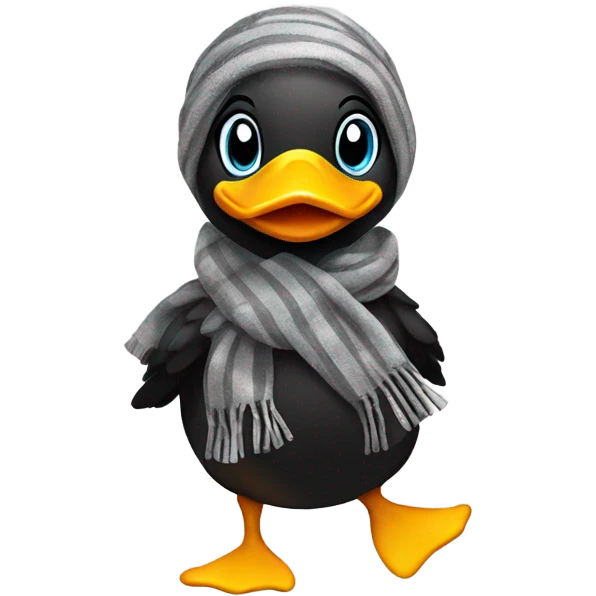 Happy duck that crossed the road and is black. Wearing a scarf emoji