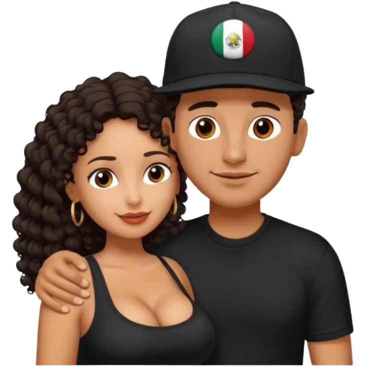 A picture of an embracing tanned couple. the man is a Mexican man with tanned skin, with a bald hair cut wearing a SnapBack hat and a black shirt. the woman wea, with long curly dark brown hair and with big boobs.  emoji