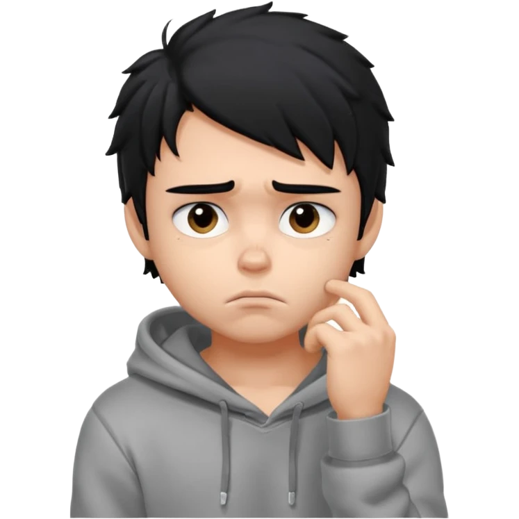 generate a pretty bratz fair skinned boy with messy black hair in a grey hoodie looking sad and bored with hand on chin. Make him muscled emoji