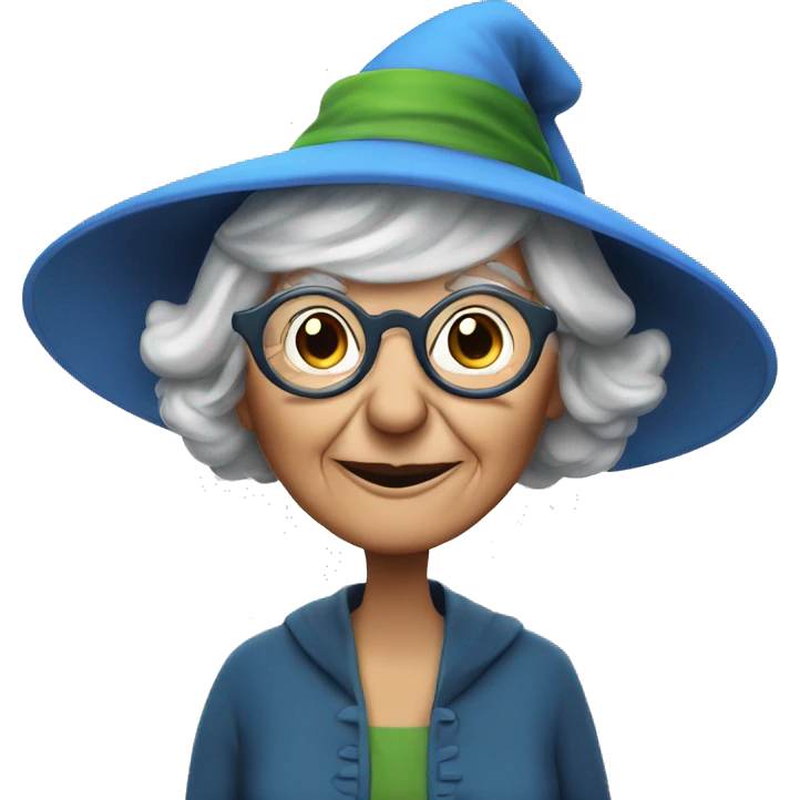 smart granny witch with glasses and blue hat lunching with friends emoji