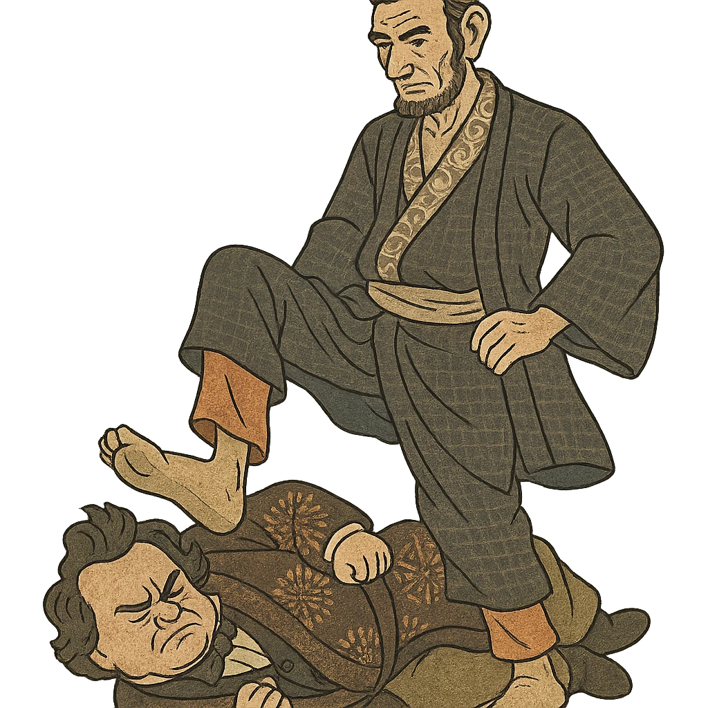 Abraham Lincoln stepping on Stephen Douglas in ukiyo-e inspired illustration emoji