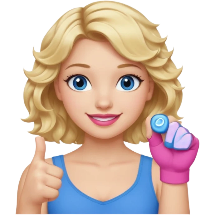 Girl Blonde short wavy hair,  blue eyes, cute blue top, long lashes, pink lips, smiling, 👊🏻 emoji